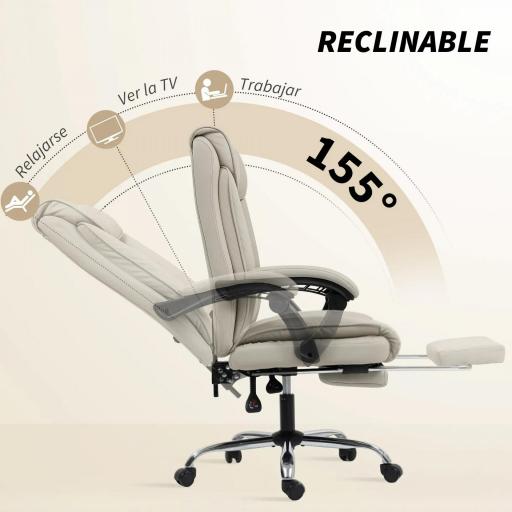 Silla de Escritorio con Reposapiés Respaldo Reclinable Acolchado Grueso Tapizada en Cuero Sintético Caqui [2]