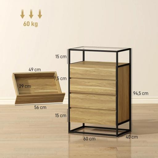 Cómoda Dormitorio con 4 Cajones Superficie de Vidrio Templado Estante Abierto Estructura de Acero 60x40x94,5 cm Teca [1]