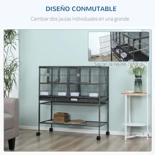 Jaula para Pájaros con Ruedas Pajarera Doble con 2 Bandejas Múltiples Puertas 4 Comederos 4 Perchas 95x45,5x102 cm Gris [3]