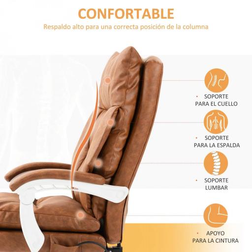 Silla de Escritorio con Soporte Lumbar Inflable Tapizada en PU Reposapiés Respaldo Reclinable Altura Ajustable Marrón [3]