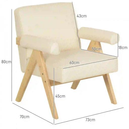 Sillón de Salón Tapizado en PU con Reposabrazos y Marco de Madera de Caucho para Dormitorio Carga 120 kg Crema [1]