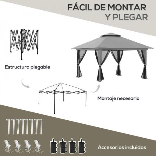 Carpa Plegable Pop-up con Altura Ajustable Protección UV50+ Doble Techo y Mosquiteras 4x4x2,8 m Gris [6]