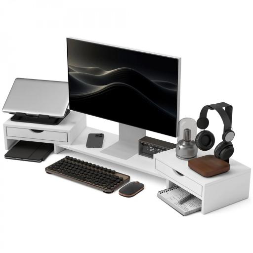 Elevador Monitor Ángulo y Longitud Ajustable con 2 Cajones para Portátil Computadora PC 60-116x22x12 cm Blanco [8]