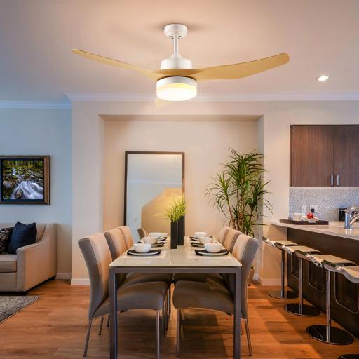 Ventilador de Techo Motor DC 20,5W Diámetro 132 cm Mando a Distancia Luz LED Ajustable de 3 Niveles 3 Aspas Reversibles