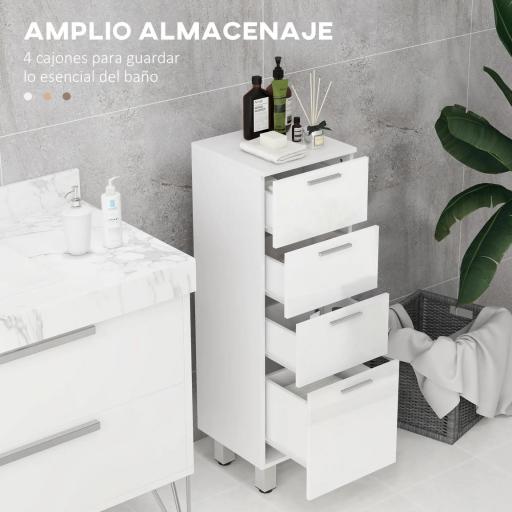 Mueble Auxiliar Baño Moderno Armario de Baño con 4 Cajones y 4 Patas para Salón Carga 30 kg 30x30x93cm Blanco Brillante [4]