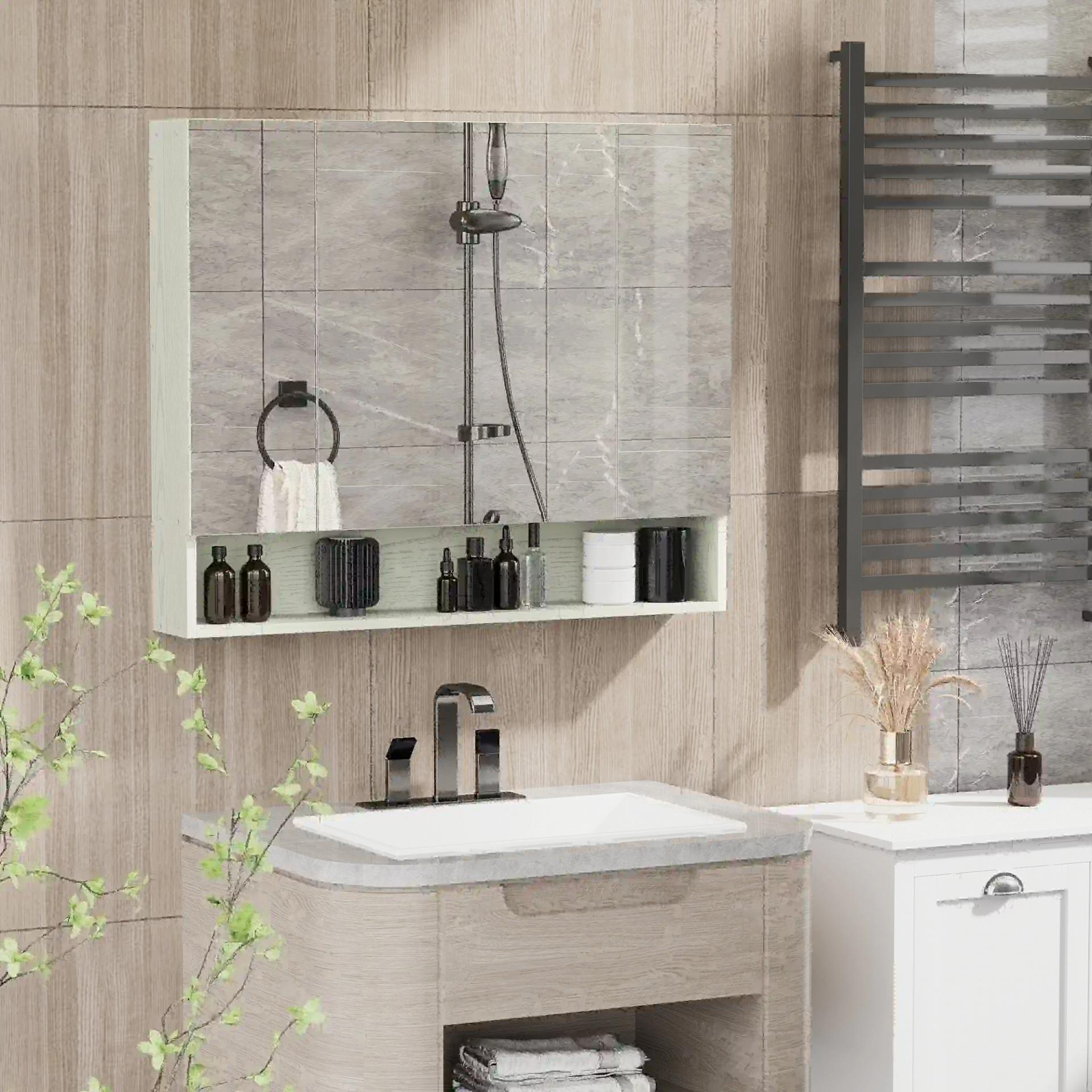 Armario de Baño con Espejo 3 Puertas Estante Ajustable y Compartimento 90x15x75 cm Blanco