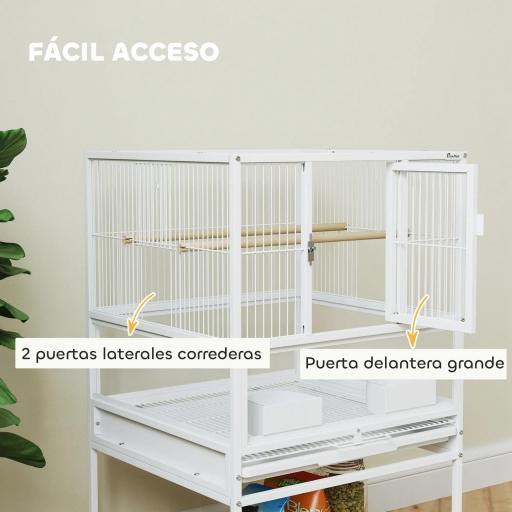 Jaula para Pájaros con Paneles Acrílicos Comederos Soporte Ruedas y Estante Inferior 48x46x83 cm Blanco [5]