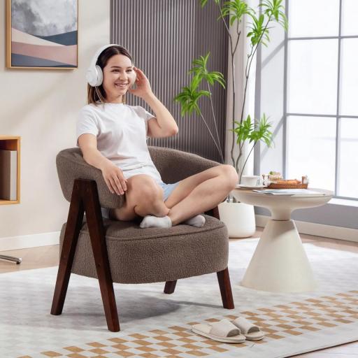 Butaca de Salón Tapizada en Borreguito Acolchada Gruesa Patas de Madera Respaldo Curvado 70x64x71 cm Marrón Claro [5]