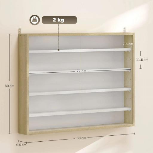 Vitrina de Pared de Madera con Estantes Ajustables y 2 Puertas Correderas de Cristal 80x9,5x60 cm Blanco y Natural [1]