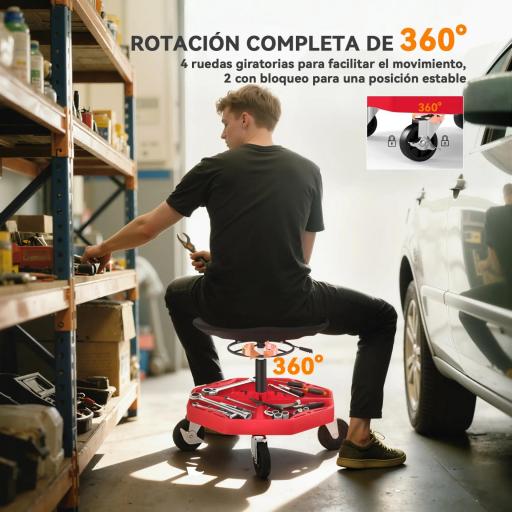 Taburete de Taller Móvil con Bandeja Magnética Ruedas Altura Ajustable de 52–59,5 cm Carga 135 kg para Garaje Rojo [4]