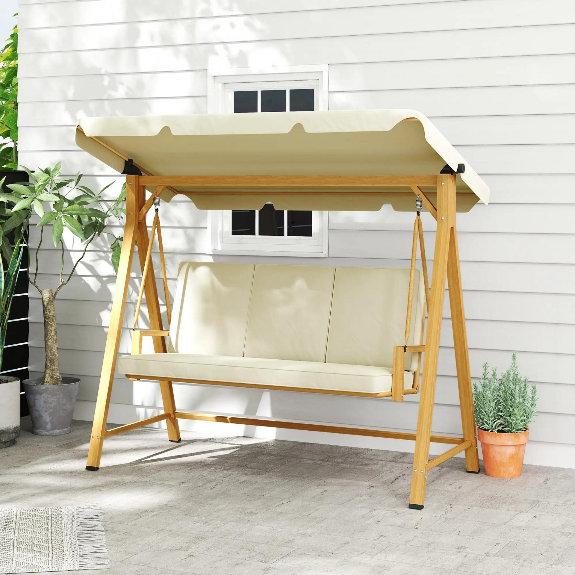 Columpio de Jardín con Toldo Ajustable para Tres Personas Estructura Metálica y Cojines 195x120x170 cm Beige
