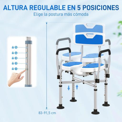 Silla de Ducha con Asiento Ranurado Altura Regulable Antideslizante Respaldo y Reposabrazos Carga 136 kg Azul [5]