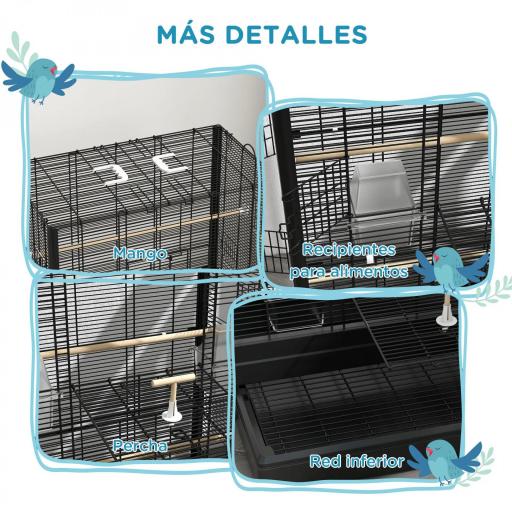 Jaula para Pájaros 61x36,5x98 cm con 8 Puertas 5 Perchas Bandeja Extraíble y 4 Comederos para Periquitos Pinzones Negro [3]