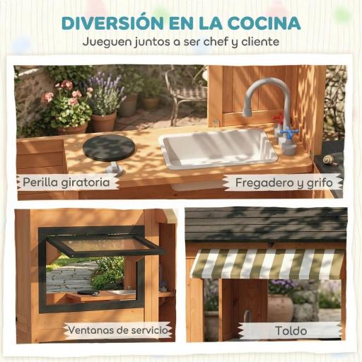 Casita Infantil Exterior e Interior de Madera con Cocina de Juguete y Banco de Picnic Ventanas de Servicio Marrón [2]