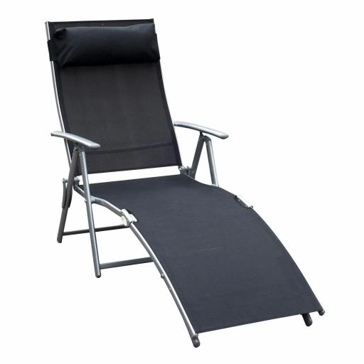 Tumbona de Jardín Plegable con Respaldo Ajustable en 7 Niveles Almohada y Reposabrazos 137x63,5x100,5 cm Negro [8]