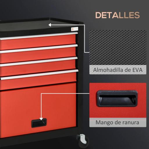 Carro de Herramientas con Ruedas 4 Cajones Compartimento de Almacenaje y Asa Lateral 69x33x75 cm Negro y Rojo [9]