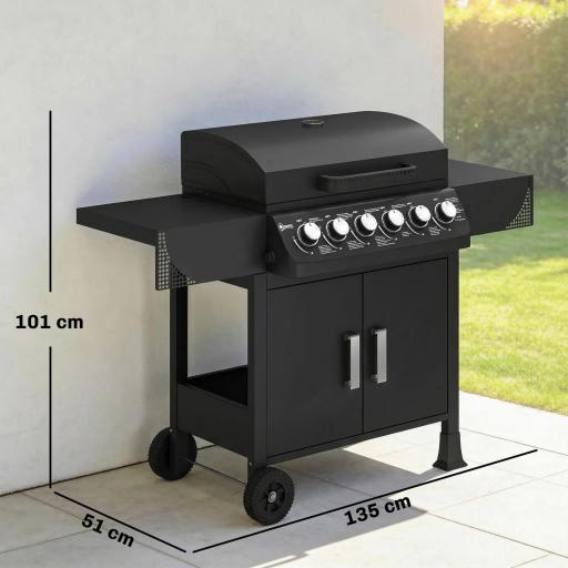 Barbacoa de Gas con 6 Quemadores 15 kW Termómetro Parrilla Mesas Laterales Armario y Ruedas 135x51x101 cm Negro [1]