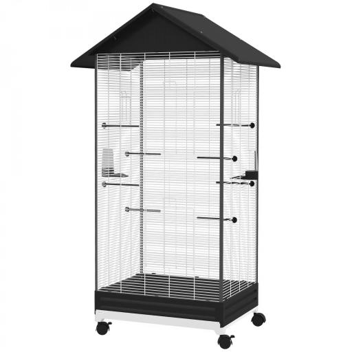 Jaula para Pájaros con Ruedas Pajarera Metálica con Bandeja Extraíble Puertas 79x65x155 cm Negro [9]