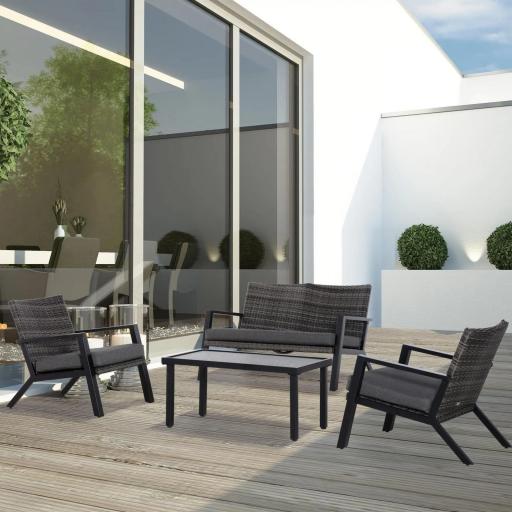 Conjunto de Muebles de Exterior con Sofá de 2 Plazas Sillones y Mesa de Centro para Terraza Patio Negro