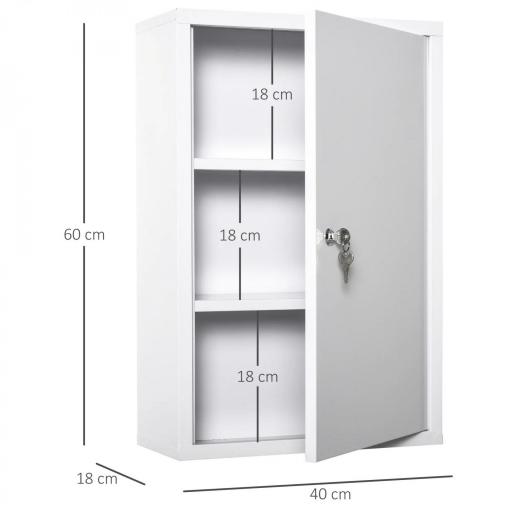 Botiquín de Pared de Metal con 3 Estantes y Cierre con Llave Armario de Medicamentos 40x18x60 cm Blanco [1]