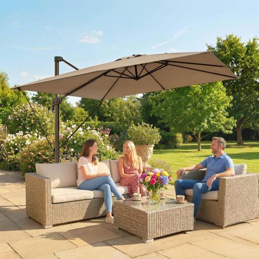Parasol Excéntrico 2,9x2,9 m de Aluminio con Manivela Inclinación Ajustable Giratorio 360° Base Cruzada y Funda Caqui
