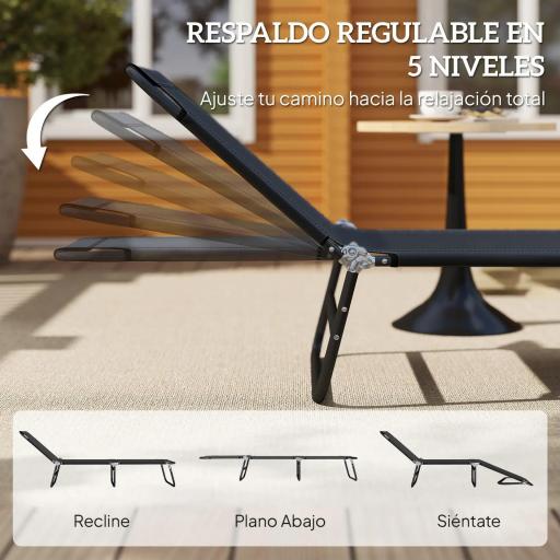 Tumbona Plegable Reclinable con Ángulo Ajustable de 5 Posiciones para Jardín Exterior Piscina Terraza Camping Carga 120 kg 188x56x28 cm Negro [4]