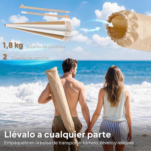 Sombrilla de Playa con Flecos Ø175 cm Sombrilla de Terraza Exterior con Altura Ajustable Inclinación 30° Blanco y Beige [6]