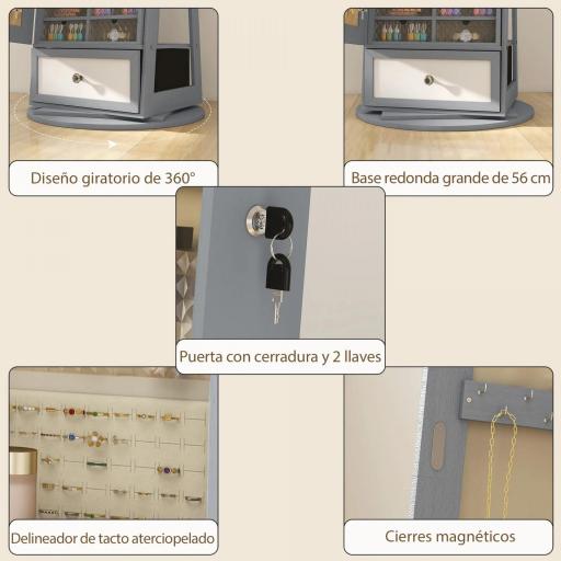 Espejo Joyero con Luces LED Armario Joyero con Espejo Entero Giratorio de 360° Cajón Cerradura Gris Claro [4]