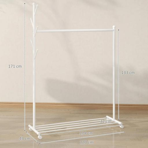 Burro para Ropa con Ruedas 5 Ganchos Barra para Colgar y Balda Inferior para Recibidor Entrada 120x43x171 cm Blanco [1]