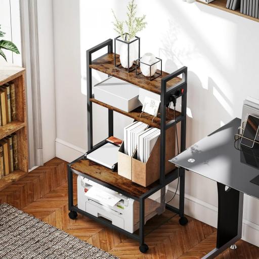 Mueble para Impresora de 4 Niveles con Estación de Carga Ruedas y Marco Metálico para Oficina Casa Marrón Rústico [1]
