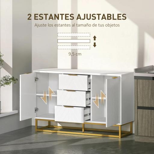 Aparador Moderno Aparador para Salón con 3 Cajones 2 Puertas y Estante Ajustable Mueble Auxiliar para Salón Cocina Antivuelco 120x40x76 cm Blanco [5]