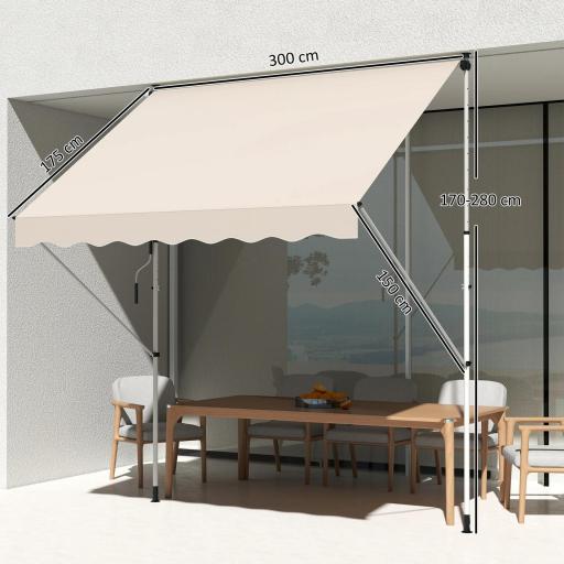 Toldo Manual Retráctil 300x150x170-280 cm con Altura Ajustable Manivela y Protección Solar para Terraza Beige [1]