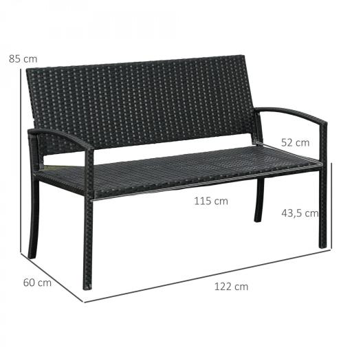 Banco de Jardín de 2 Plazas Banco para Exterior con Respaldo y Asiento de Ratán PE Carga 240 kg 122x60x85 cm Negro [1]