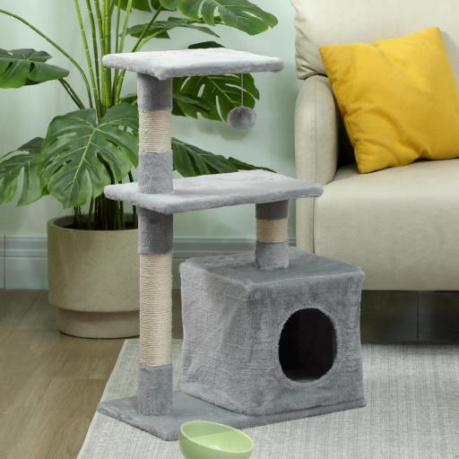 Árbol Rascador para Gatos 81,5 cm Torre para Gatos con Postes de Sisal 2 Plataformas Cueva y Bola Colgante Estilo Elegante 50x30x81,5 cm Gris [6]