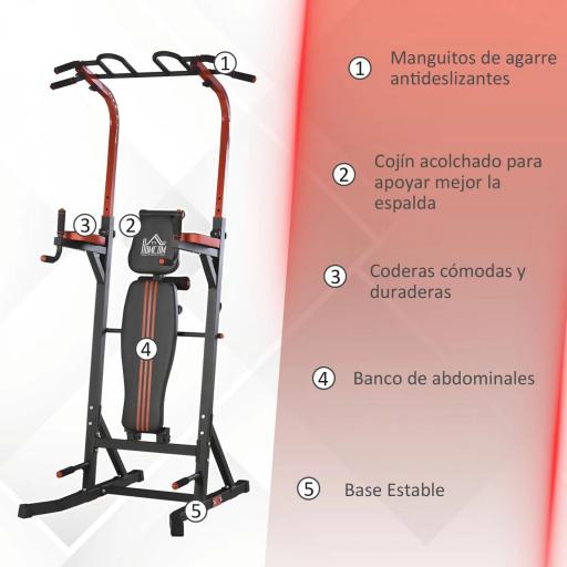 Estación de Musculación Torre de Entrenamiento con Altura Ajustable y Respaldo Regulable en 5 Posiciones Barra de Dominadas Fitness Flexiones Acero 108x178x202-238 cm Negro [4]