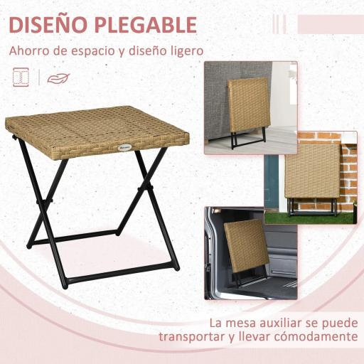 Mesa de Terraza Exterior de Ratán PE Plegable con Patas Cruzadas y Marco de Acero para Patio Balcón 40x40x40 cm Natural [4]