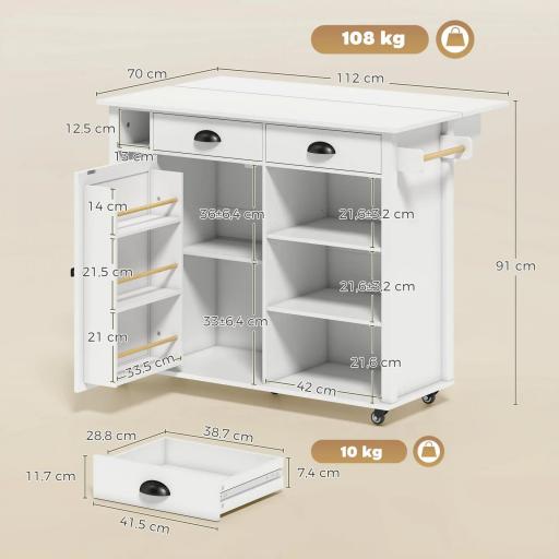 Isla de Cocina con Ruedas Tapa Abatible Especiero Toallero Armario 2 Cajones 117,5x70x91 cm Blanco [1]