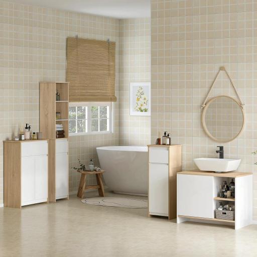 Armario de Baño con 1 Cajón y 2 Puertas Mueble Auxiliar de Estilo Moderno 60x30x90 cm Blanco y Natural