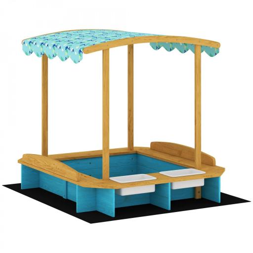 Arenero para Niños de Madera con Techo 3 Bancos 2 Cajas de PP Forro para Niños de 3-6 Años 128x118x121 cm Azul [8]