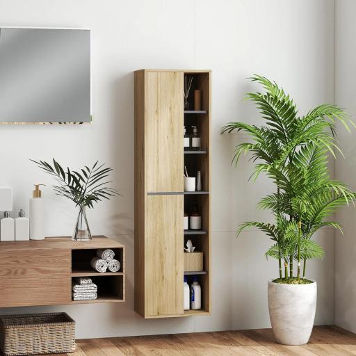Columna de Baño de Pared Armario de Baño con Compartimentos Abiertos y 2 Puertas 40x24x141,5 cm Natural [3]