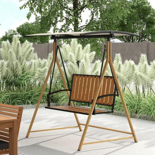 Balancín de Jardín Exterior de 2 Plazas con Toldo Ajustable y Estructura de Metal 142x112x162 cm Madera Natural y Beige [1]