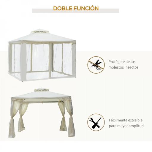 Cenador de Jardín 3x3 m Pabellón de Exterior con Doble Techo de Ventilación 4 Cortinas Mosquiteras Laterales con Cremallera 8 Orificios de Drenaje Gazebo para Fiestas Patio Crema [2]