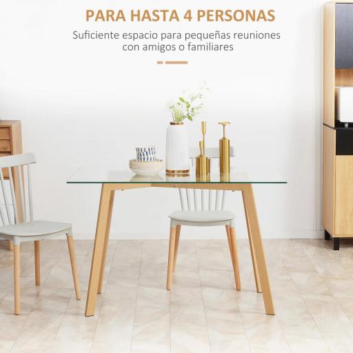 Mesa de Comedor para 4 Personas con Encimera de Cristal y Patas de Acero Efecto Madera 120x60x76 cm Transparente [3]