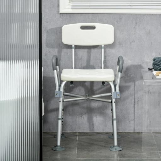 Silla Ducha Personas Mayores con Respaldo Reposabrazos Altura Ajustable Cojín Acolchado Extraíble Carga 136 kg Gris [7]
