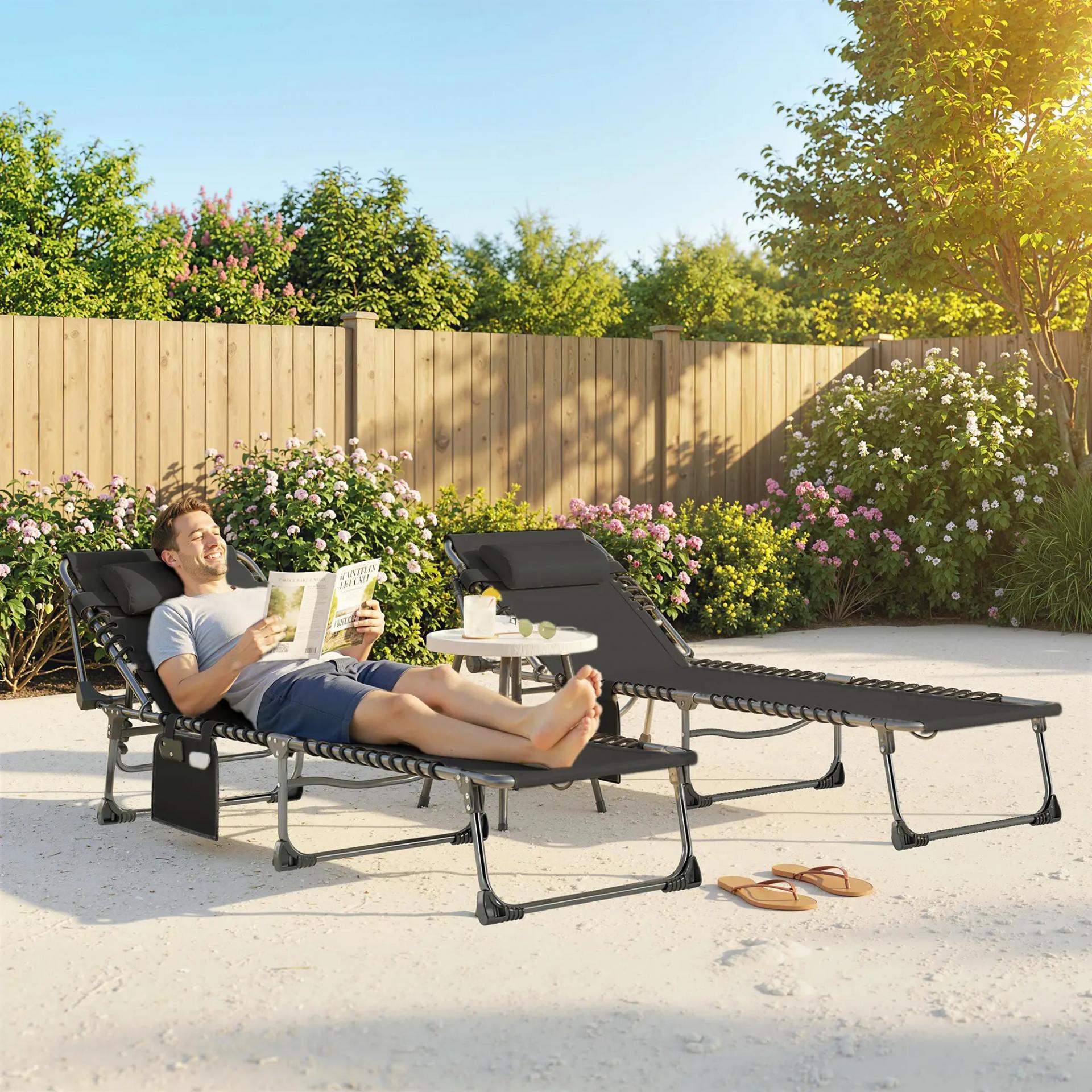 Set de 2 Tumbonas Plegables con Reposacabezas Bolsillo Lateral y Respaldo Reclinable en 5 Posiciones Negro