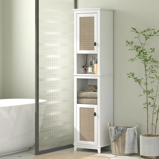 Columna de Baño con Estantes Ajustables 2 Puertas con Frontal de Ratán y 2 Compartimentos 40x30x167,5 cm Blanco [3]