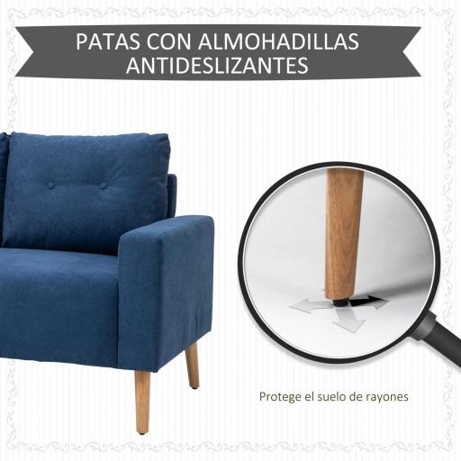 Sofá de 2 Plazas con 2 Cojines Reposabrazos y Patas de Madera de Caucho para Dormitorio Oficina 145x76x88 cm Azul [4]
