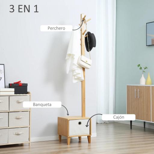 Perchero de Pie de Bambú Perchero con Banco Tipo de Árbol Cajón de Tela y 8 Ganchos para Colgar Ropa 35x35x177cm Natural [2]