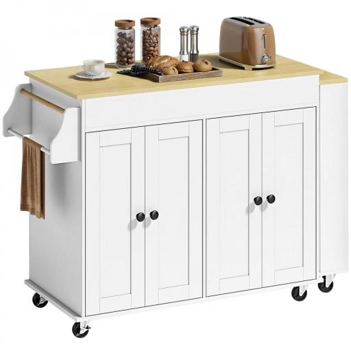 Isla de Cocina con Ruedas Encimera Extensible 4 Puertas Estantes Ajustables Especiero y Soporte para Toallas Blanco [8]