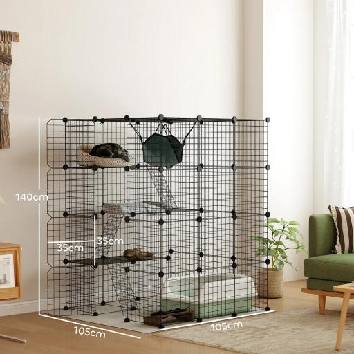 Jaula Grande para Gatos Interior de 4 Niveles con 5 Puertas 3 Plataformas de Salto 3 Rampas Hamaca 105x105x140 cm Negro [4]